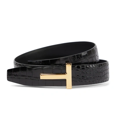 Tom Ford Reversible Brand-plaque Croc-embossed Leather Belt In Black