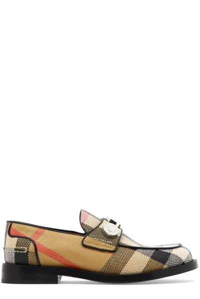 Burberry Embellished Leather-trimmed Checked Raffia Loafers In Nocolor