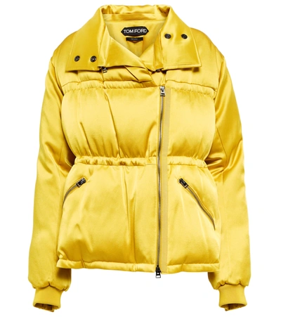 Tom Ford Satin Puffer Jacket W/ Detachable Collar In Charteuse