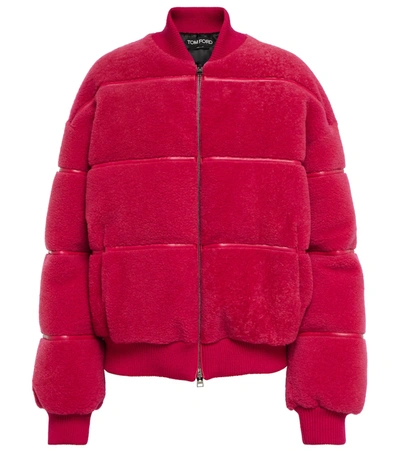 Tom Ford Shaved Shearling Padded Bomber Jacket In Fuxia