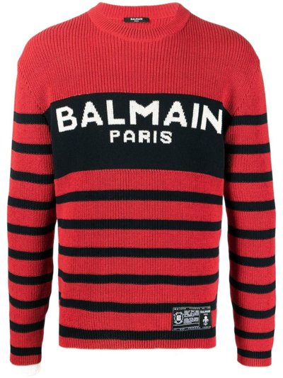 Balmain Logo Striped Wool Knit Sweater In Red