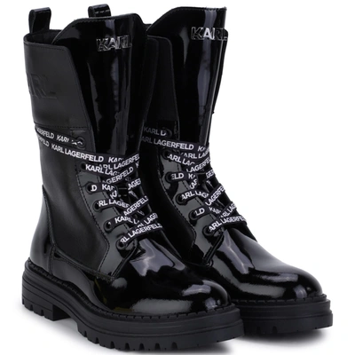 Karl Lagerfeld Kids' Faux Leather Ranger Boots W/ Logo In Black