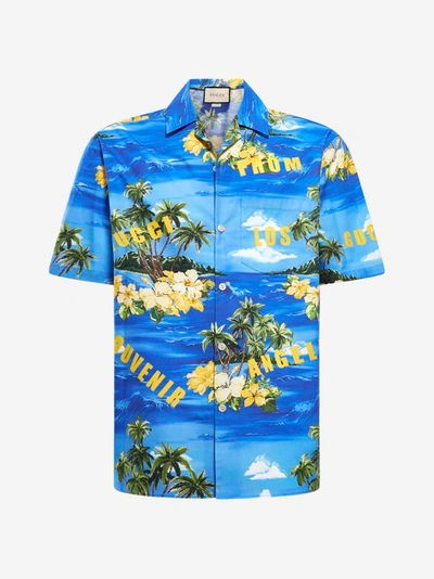 Gucci Printed Cotton Poplin Bowling Shirt In Blue