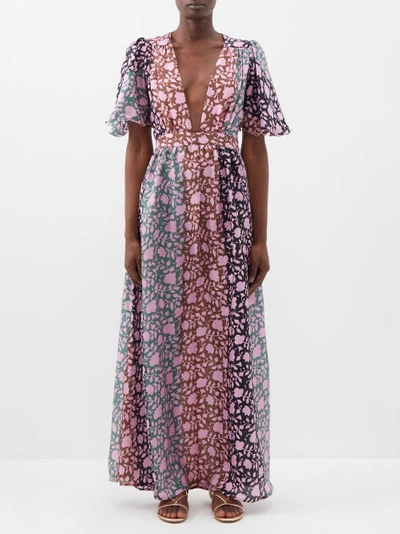 Hannah Artwear Suri Shiva-print Plunge-neck Silk Maxi Dress