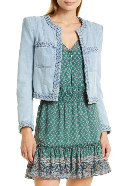 Veronica Beard Arrowe Cropped Chambray Jacket With Braided Trim In Denim-lt