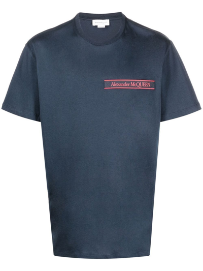 Alexander Mcqueen Logo Tape Crewneck Cotton Jersey T-shirt In Blue