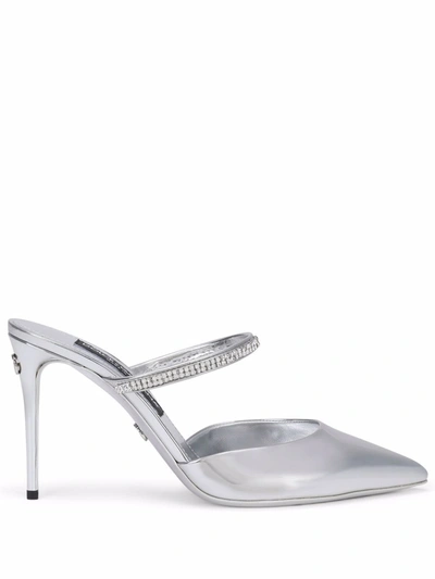 Dolce & Gabbana Silver-coloured Leather Mules With Rhinestones