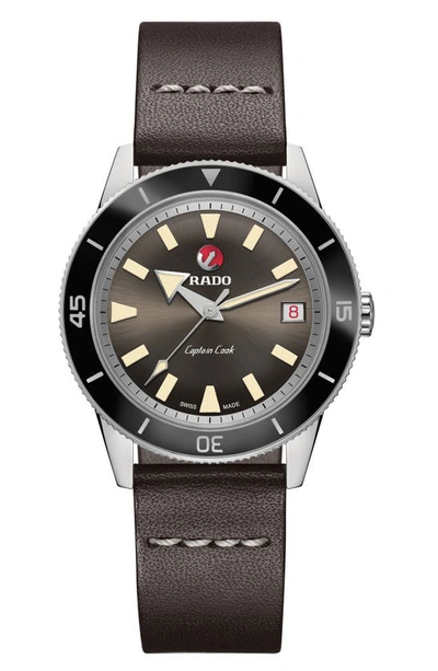 Rado Hyperchrome Captain Cook Automatic Leather Strap Watch, 37.3mm In Brown/ Silver