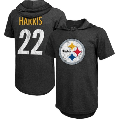Majestic Threads Najee Harris Black Pittsburgh Steelers Player Name & Number Tri-blend Hoodie T-shir In Heathered Black
