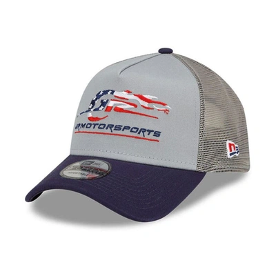 New Era Men's  Gray, Navy Jr Motorsports 9forty A-frame Trucker Snapback Adjustable Hat In Gray,navy