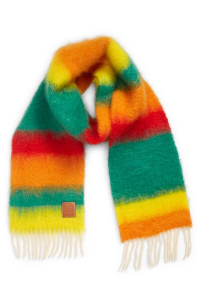 Loewe Leather-trimmed Fringed Striped Mohair-blend Scarf In Green Multicolor
