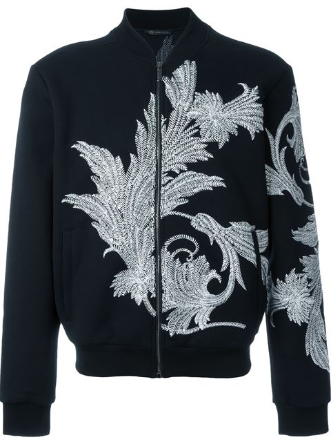 Versace Black Embroidered Leaf Zip-up Sweater | ModeSens