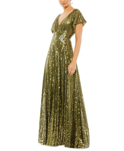 Mac Duggal Sequined Rhinestone-embellished Gown In Olive