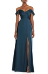 Dessy Collection Off-the-shoulder Flounce Sleeve Empire Waist Gown With Front Slit In Blue