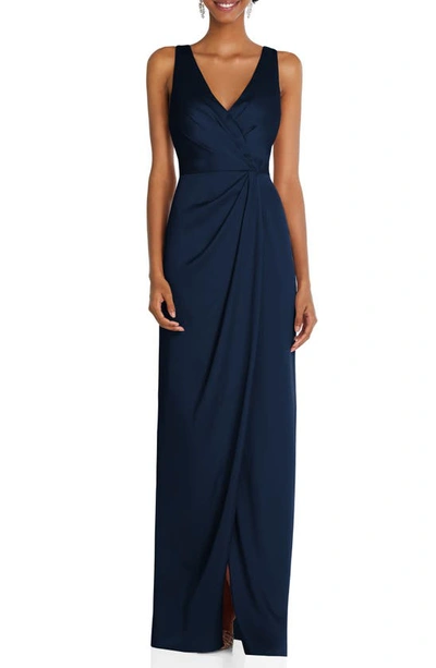After Six Sleeveless Satin Faux Wrap Gown In Blue