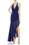 Mac Duggal Ruched Asymmetric Chiffon Dress In Navy