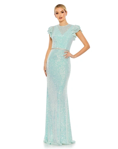 Ieena For Mac Duggal Sequined High Neck Flutter Sleeve Gown In Ice Blue