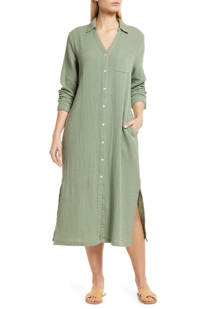Caslon Cotton Gauze Long Sleeve Midi Shirtdress In Green Dune | ModeSens