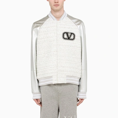 Valentino Tweed And Silver Leather Bomber Jacket In Metal