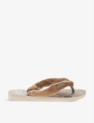 Havaianas Top Home Fluffy Logo-embossed Faux-fur And Rubber Flip Flops In Bg/rose Gold/drk Brn