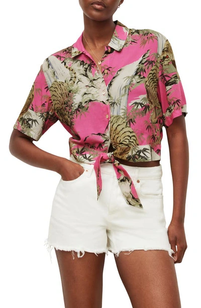 Allsaints Leni Tai Nui Tie Hem Short Sleeve Shirt In Hot Pink