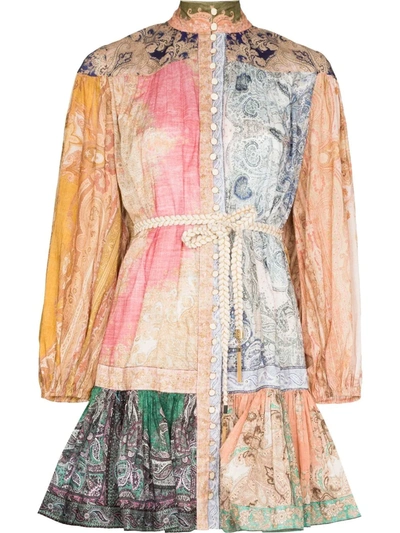 Zimmermann Anneke Belted Printed Cotton-voile Mini Dress In Multi