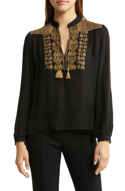 Nili Lotan Renee Tasseled Embroidered Silk Crepe De Chine Top In Black W/ Gold Embroidery