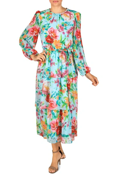 Julia Jordan Tie Waist Tiered Long Sleeve Midi Dress In Aqua Multi |  ModeSens