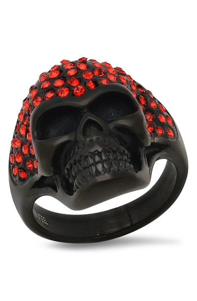 Hmy Jewelry Black Ip Stainless Steel Cz Skull Ring In Black/ Red