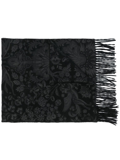 Etro Floral-print Fringed Cashmere Scarf In Black