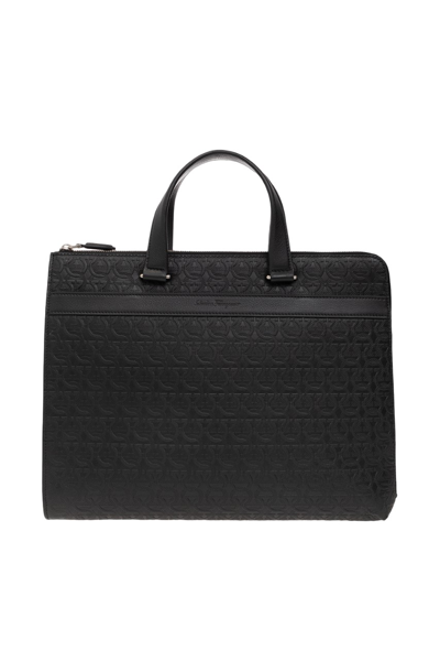 Ferragamo Men's Leather Gancini Business Briefcase In Black