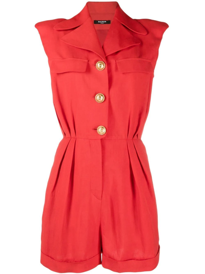Balmain Short Red Jumpsuit With Golden Embossed Buttons In Rouge