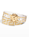 Versace Men's Tonal Medusa/greek Key Web Belt In White+gold