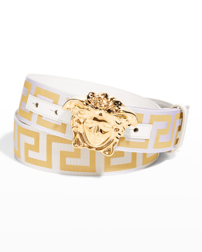 Versace Men's Tonal Medusa/greek Key Web Belt In Whitegold-