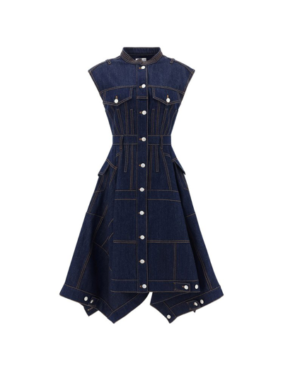 Alexander Mcqueen Pieced And Patched Round-neck Rinsed Denim Midi Dress In Blue