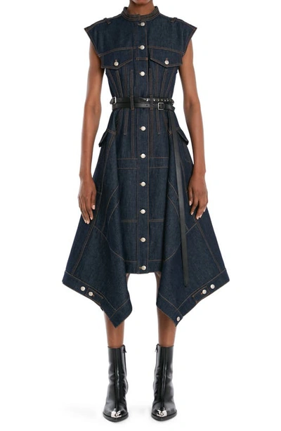 Alexander Mcqueen Pieced And Patched Round-neck Rinsed Denim Midi Dress In Washed Blue