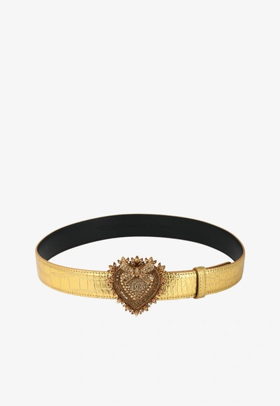 Dolce & Gabbana Devotion Heart Metallic Alligator-print Belt In Gold