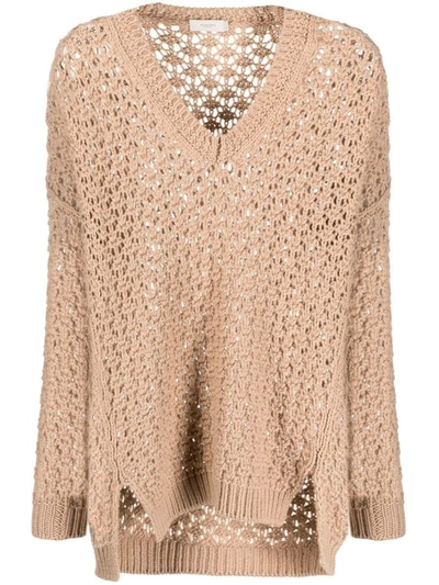 Agnona V-neck Cashmere Crochet Knit Sweater In Brown