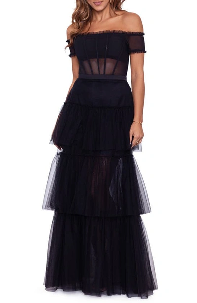 Betsy & Adam Ruffle Off The Shoulder Tiered Ballgown In Black