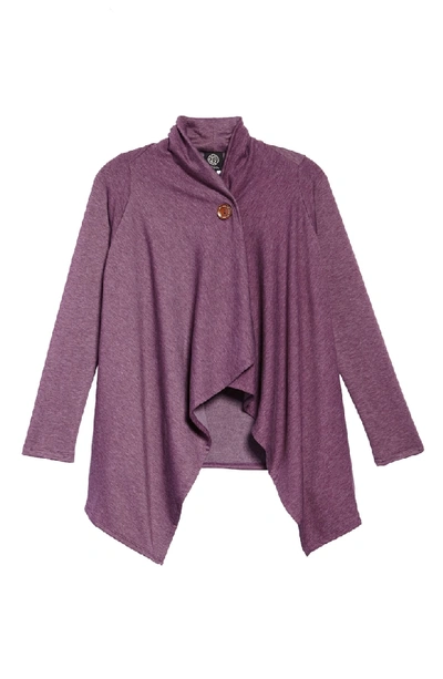 Bobeau One-button Fleece Wrap Cardigan In Heather Purple Dark