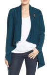 Bobeau One-button Fleece Wrap Cardigan In Teal Abyss