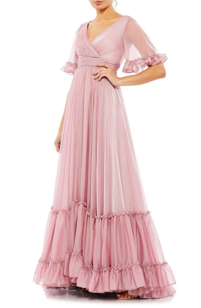 Mac Duggal Butterfly Ruffle Trimmed Sleeve Wrap Over Flowy Gown In Rose