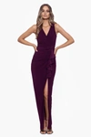 Betsy & Adam Long V-neck Wrap Jersey Ruched Gown In Wine
