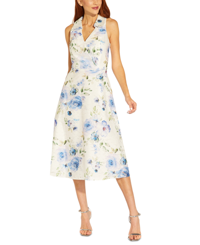 Adrianna Papell Printed Collard Lace Midi Dress In Ivory/blue