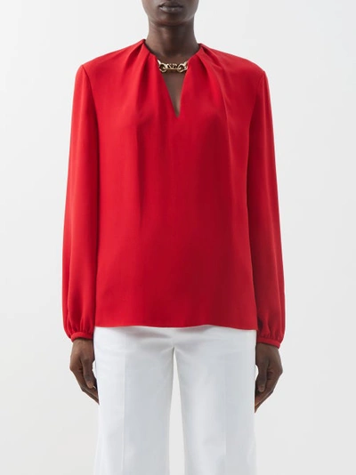 Valentino Cady Couture Chain-embellished Silk Blouse In Red