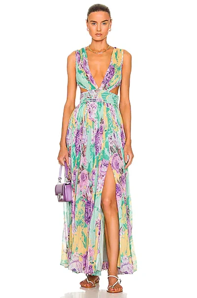 Rococo Sand Pleated V-neck Maxi Dress In Butter Yellow And Lavender