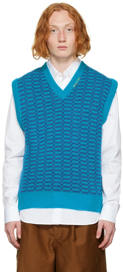 Marni V-neck Jacquard Wool Knit Sweater In Blue