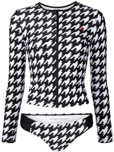 Perfect Moment Houndstooth Stretch Recycled Rash Guard And Briefs Set In Black