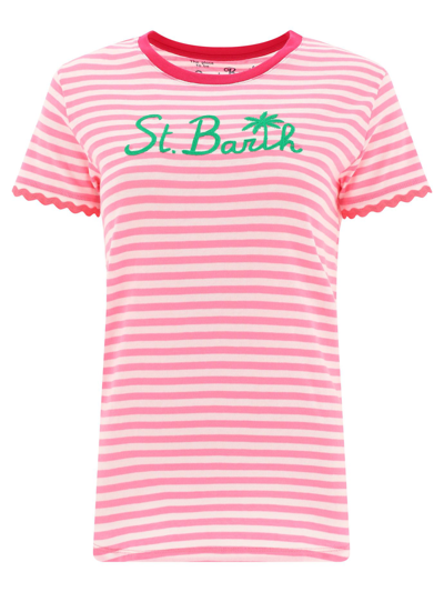 Mc2 Saint Barth Fucsia Striped Cotton T-shirt With St. Barth Embroidery In Pink