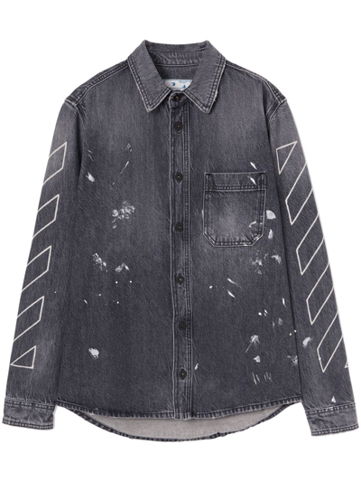 Off-white Paint-splattered Logo-embroidered Denim Overshirt In Gray